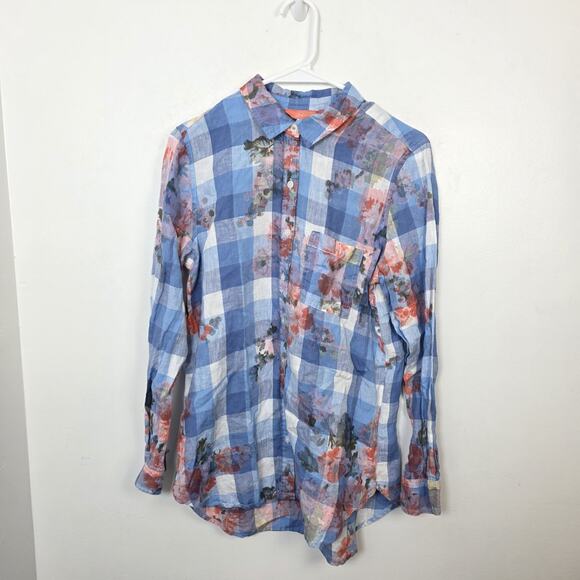 Joules Blue 100% Linen Gingham Floral Long Sleeve Button Up Shirt Size 8 - Picture 2 of 8